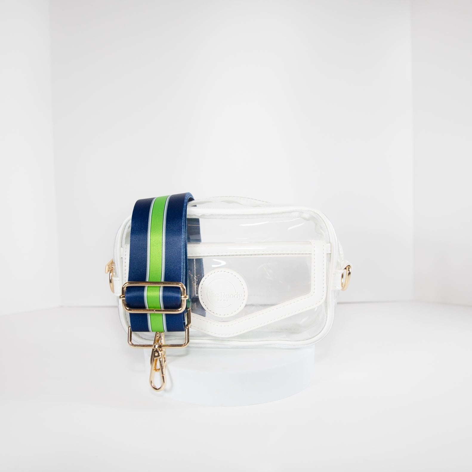 Clear Stadium Bag, in white, front facing with Seattle Seahawks colored strap