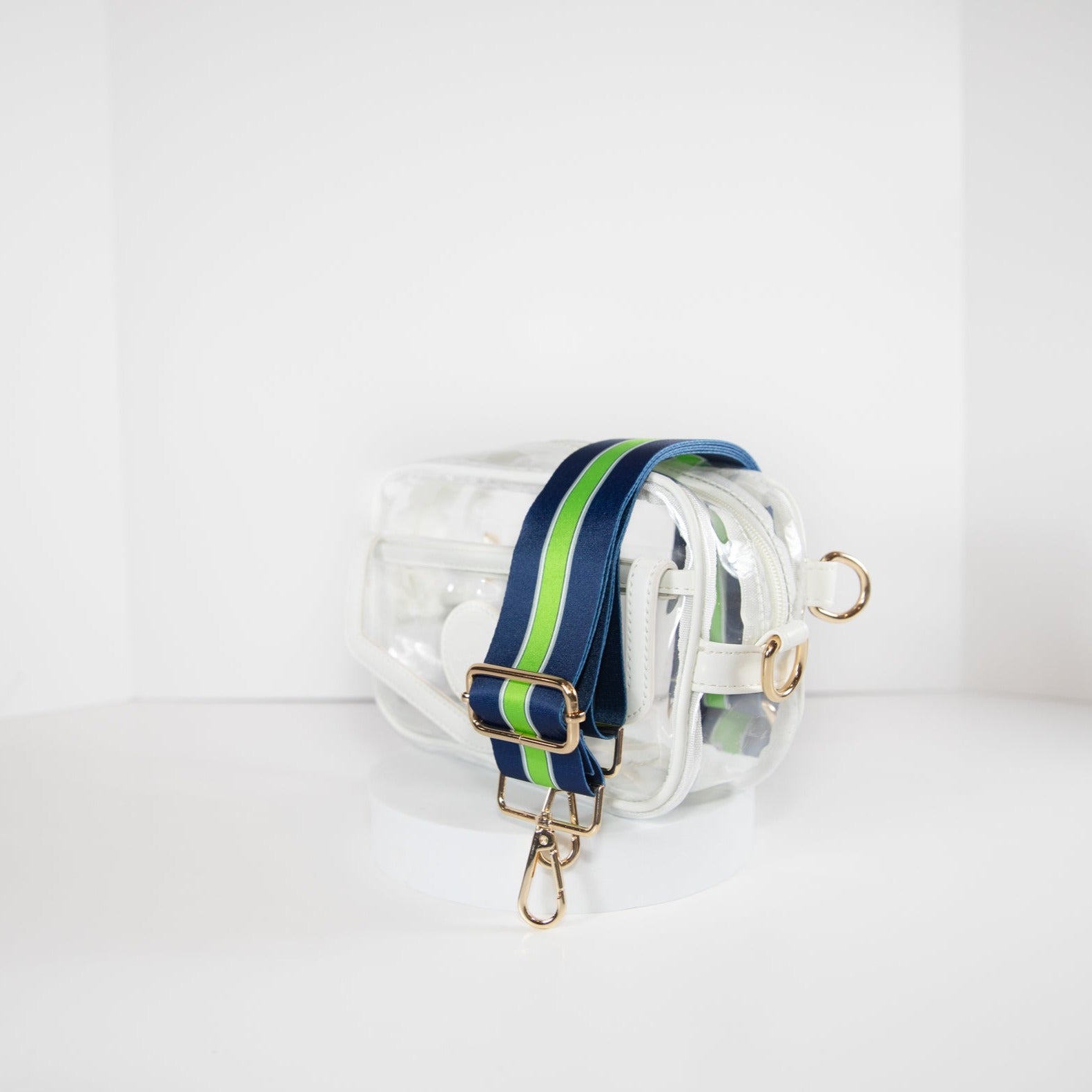 Clear Stadium Bag, in white, side facing with Seattle Seahawks colored strap