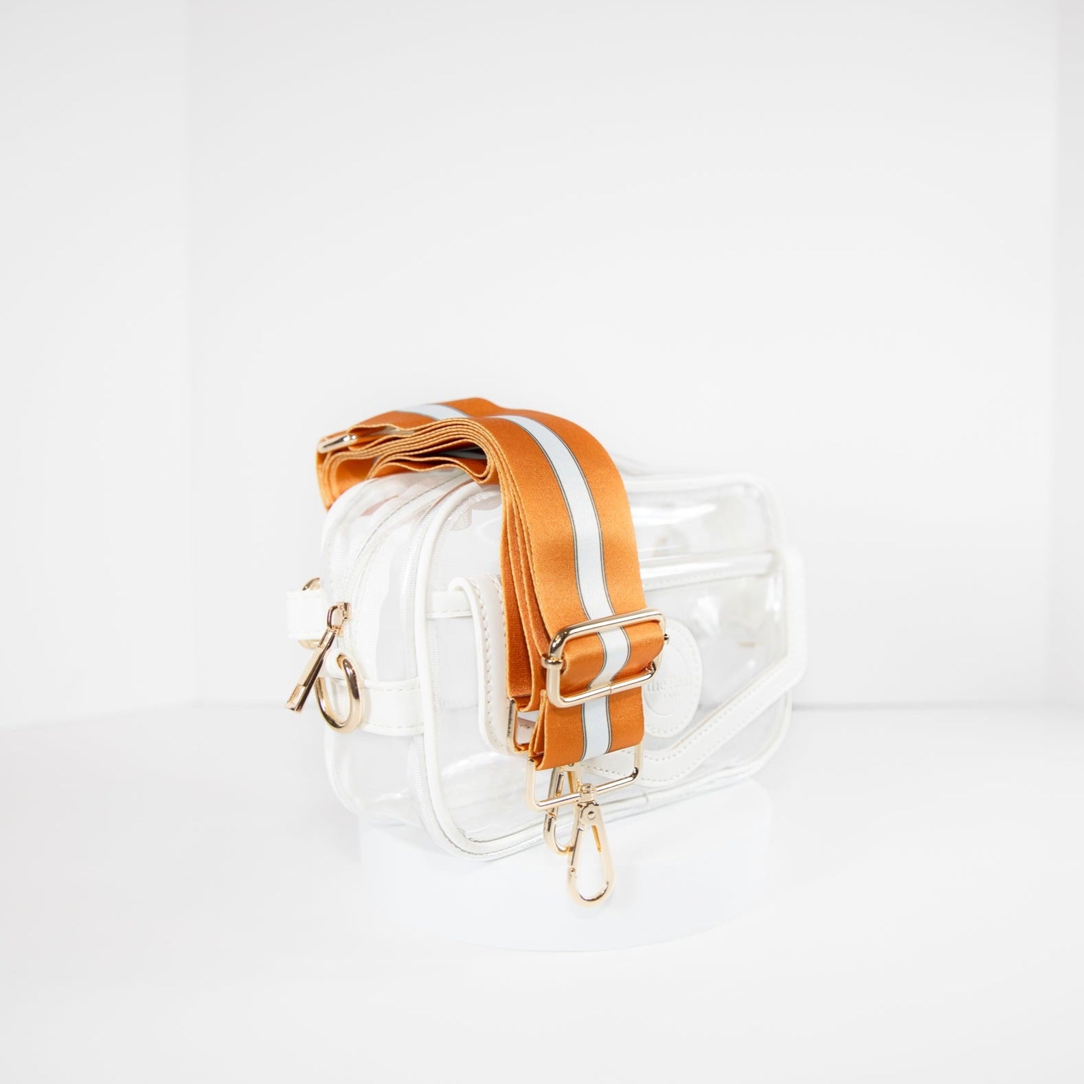 White Clear Stadium Bag, side facing, with the strap in team colors for University of Texas Austin 