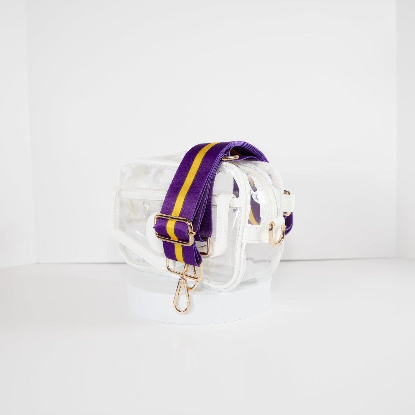 Clear Stadium Bag in white leather trim, front facing, with strap colors for LSU Tiger fans.